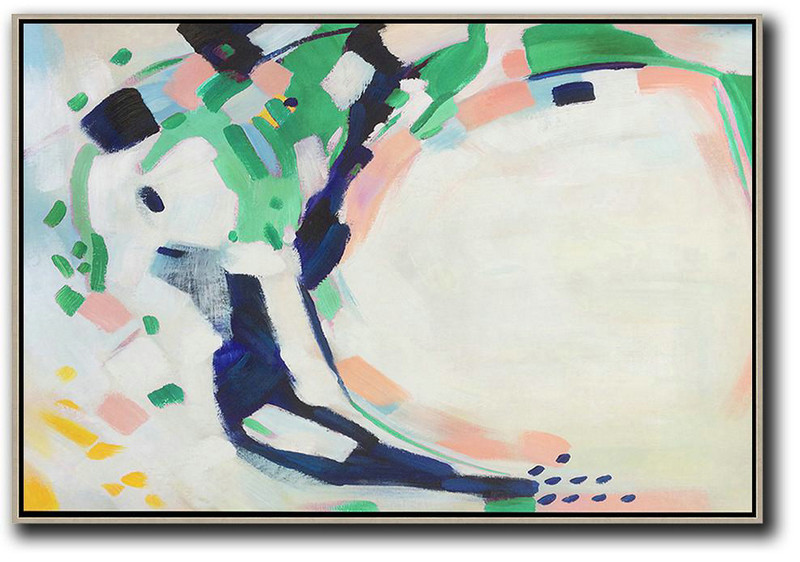 Oversized Horizontal Contemporary Art,Acrylic Minimailist Painting,White,Grey,Dark Blue,Green